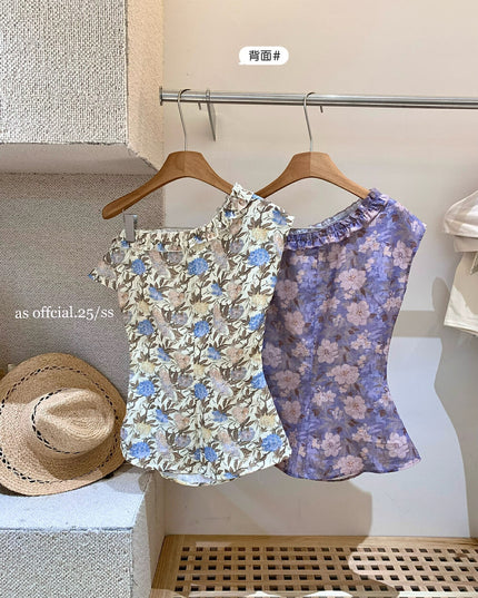 AS OFFICIAL Floral One-Shoulder Ruffle Top