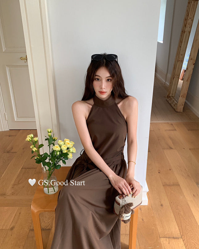 GS.GOOD START Halter Neck Sleeveless Dress with Waist Belt