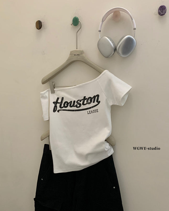 WG.WE Off-Shoulder Letter Print Slim Fit Tee