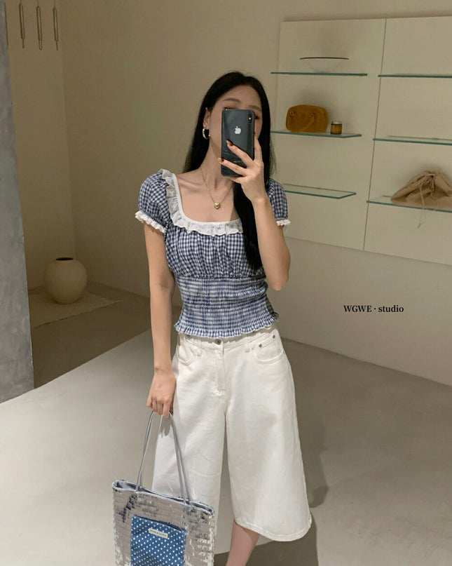 WGWE Lace-Trimmed French Style Checkered Top