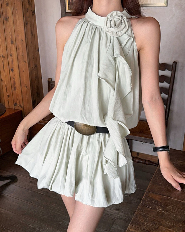 WGWE 3D Floral Halter A-Line Mini Dress