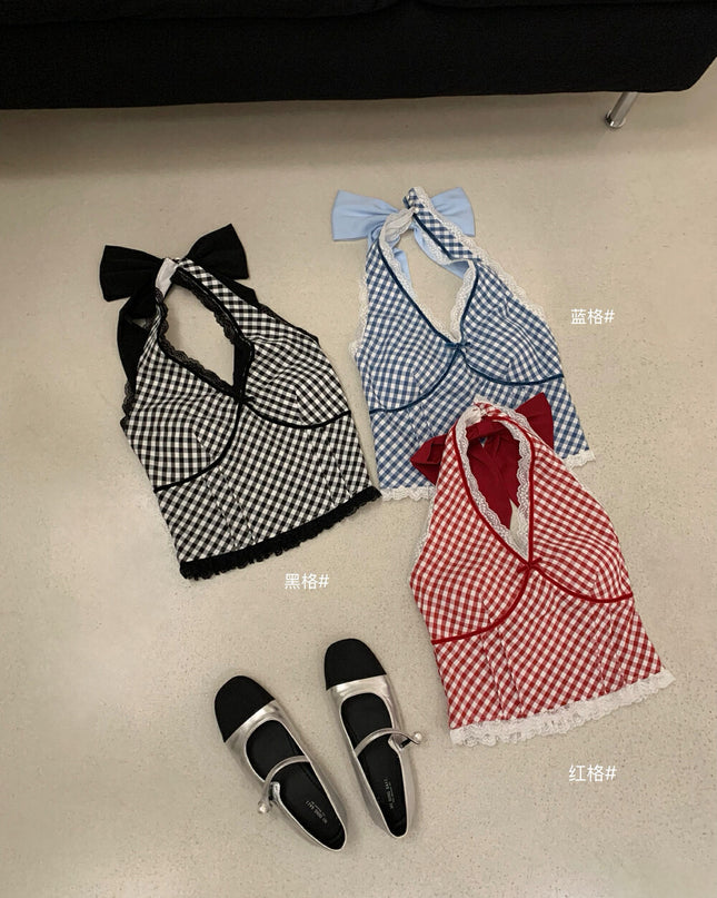 WGWE Halter Plaid Lace Patchwork Crop Top
