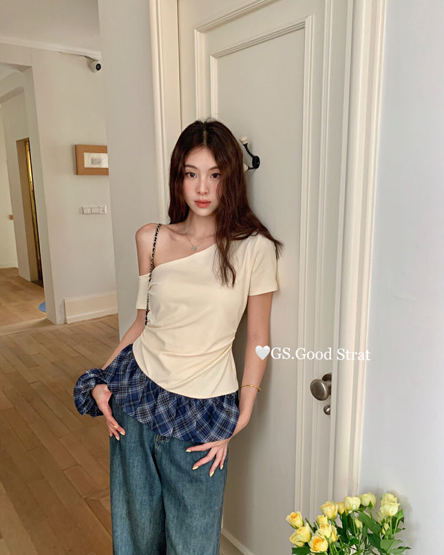 GS.GOOD START Asymmetrical Plaid Patchwork Top with Detachable Hair Tie