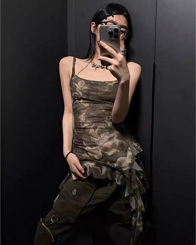 WGWE Asymmetric Camouflage Tie-Strap Crop Top