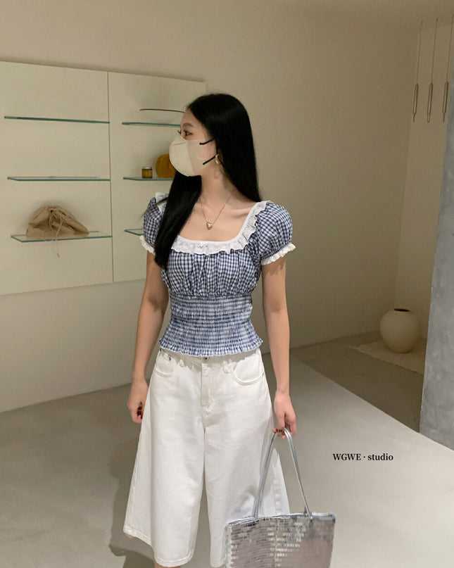 WGWE Lace-Trimmed French Style Checkered Top
