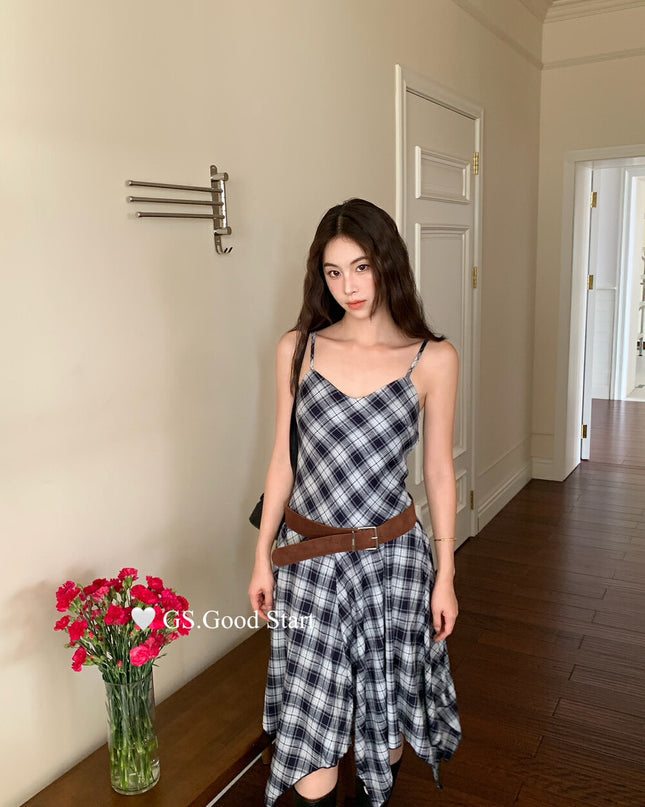 GS.GOOD START Asymmetric Plaid Cami Dress (No Belt)