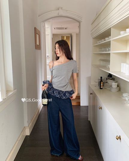 GS.GOOD START Asymmetrical Plaid Patchwork Top with Detachable Hair Tie