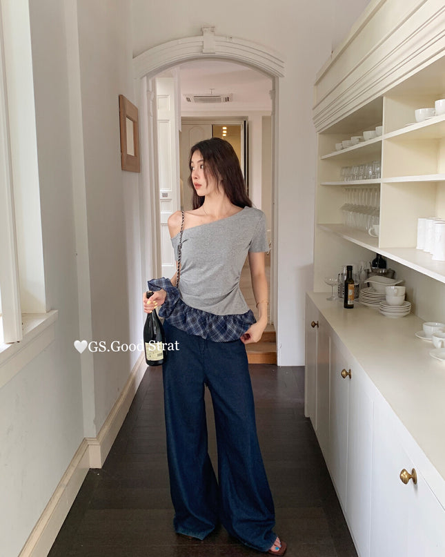 GS.GOOD START Asymmetrical Plaid Patchwork Top with Detachable Hair Tie