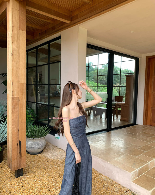 AS OFFICIAL Strapless Washed Blue Jumpsuit
