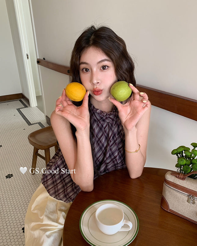 GS.GOOD START Korean Sweet Plaid Bubble Hem Tank Top