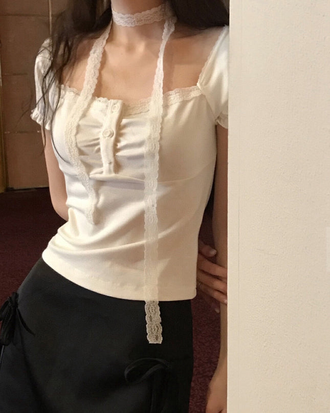 WGWE Balletcore Lace-Trim Fitted Tee