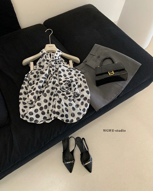 WGWE Polka Dot Cut-Out Halter Sleeveless Fitted Top