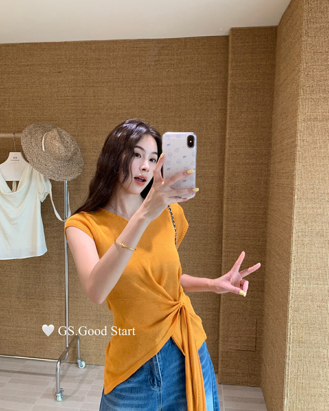 GS.GOOD START V Neck Slim Fit Knitted Short Sleeve Top