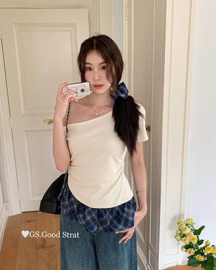 GS.GOOD START Asymmetrical Plaid Patchwork Top with Detachable Hair Tie