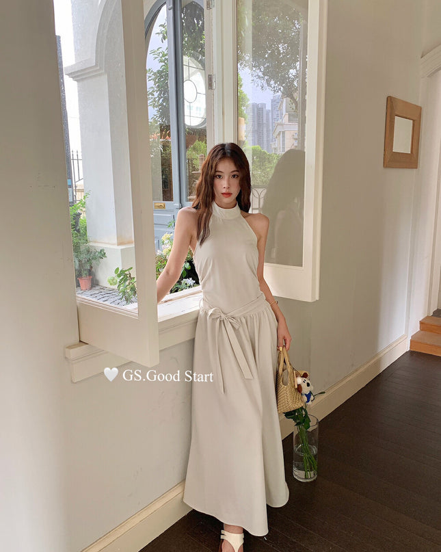 GS.GOOD START Halter Neck Sleeveless Dress with Waist Belt