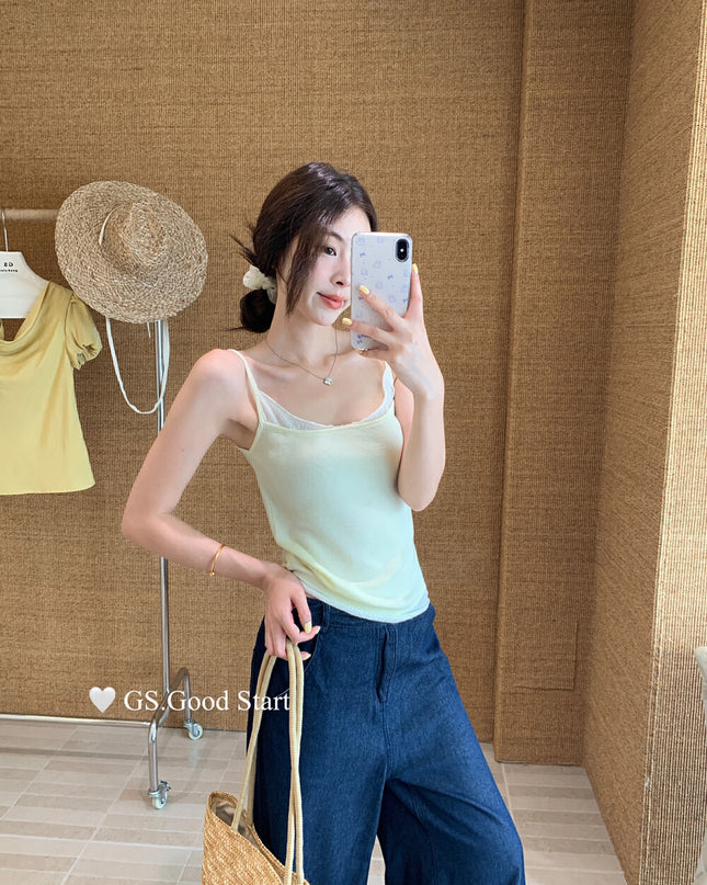 GS.GOOD START Korean Sweet Lace Patchwork Cami Top
