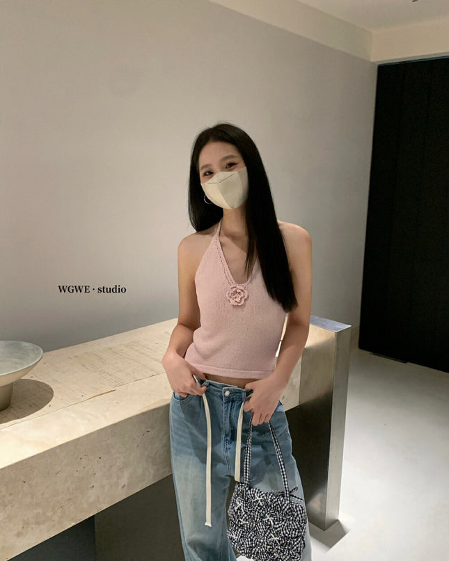 WGWE Halter Floral Knit Crop Top