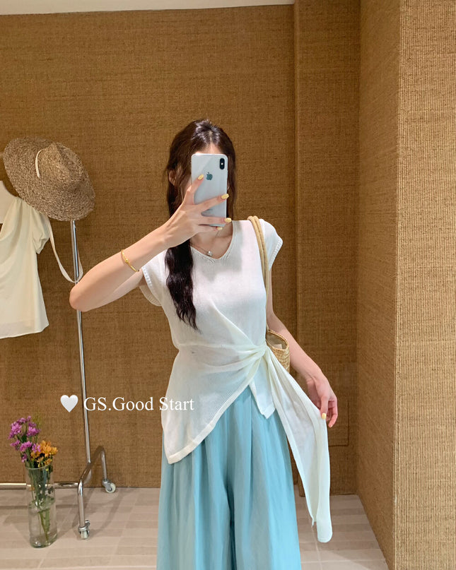 GS.GOOD START V Neck Slim Fit Knitted Short Sleeve Top