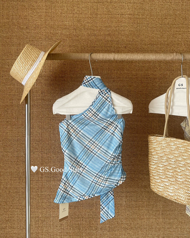 GS.GOOD START Off Shoulder Plaid Tank Top with Sweet Chic Vibes