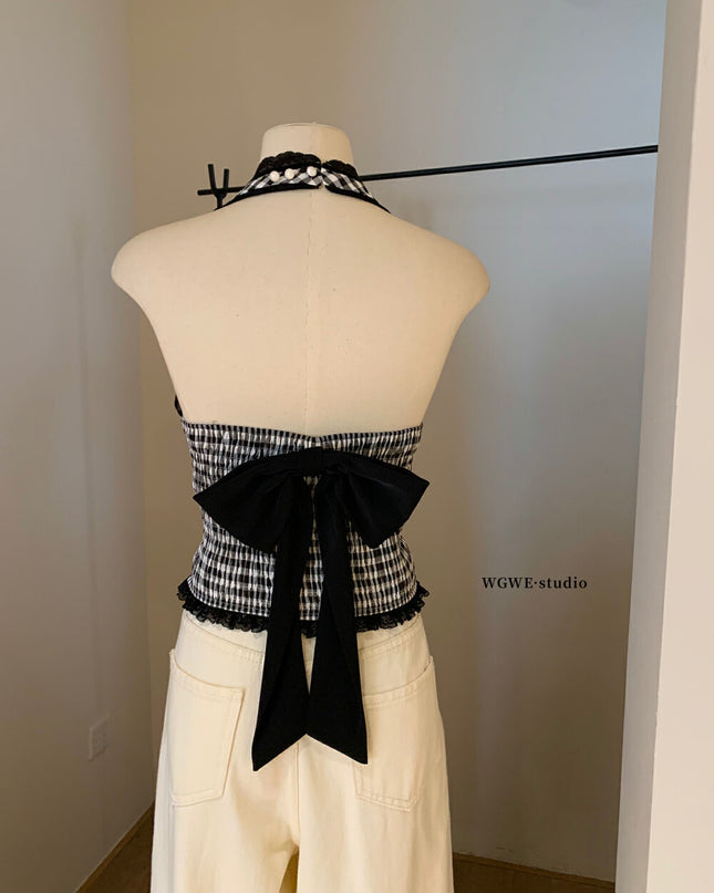 WGWE Halter Plaid Lace Patchwork Crop Top
