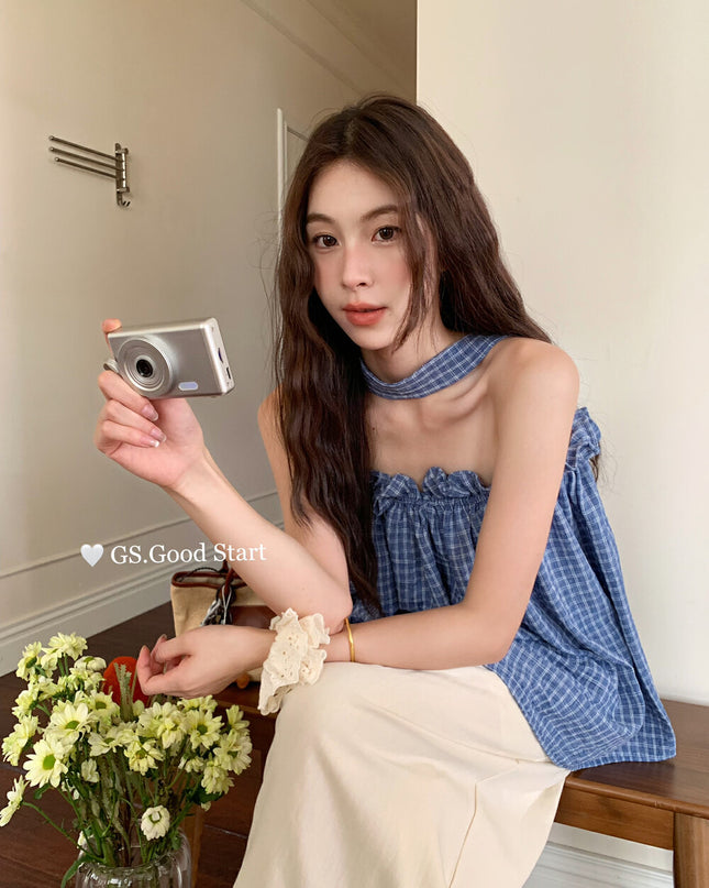 GS.GOOD START Sweetheart Plaid Lace Bustier Crop Top