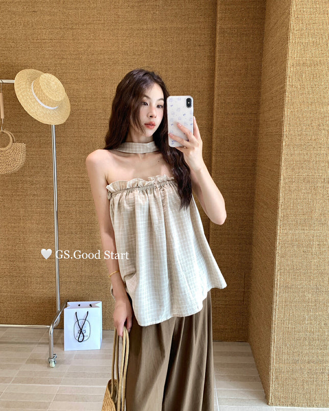 GS.GOOD START Sweetheart Plaid Lace Bustier Crop Top