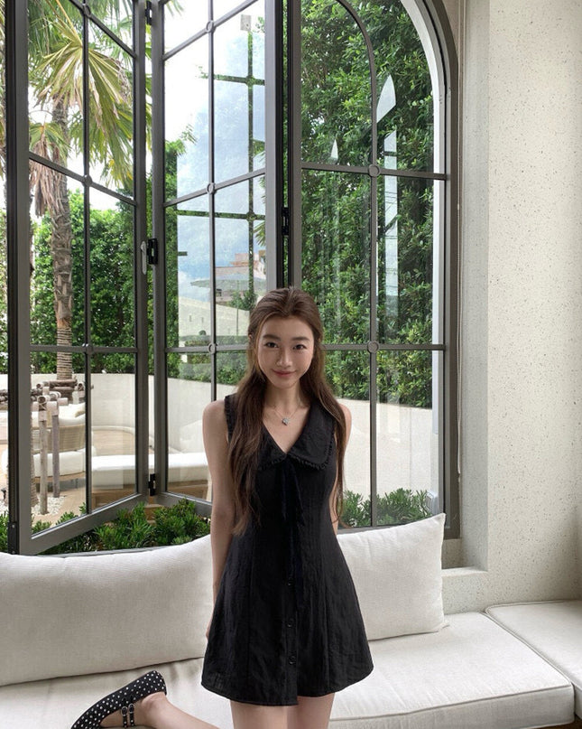 WGWE French Lace Collar Fitted Sleeveless Dress