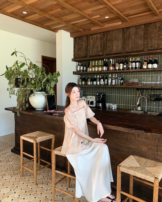 AS OFFICIAL Jacquard Puff Sleeve Two-Way Off Shoulder Top