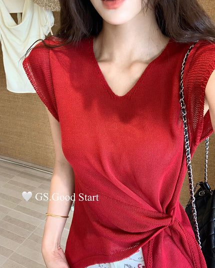 GS.GOOD START V Neck Slim Fit Knitted Short Sleeve Top