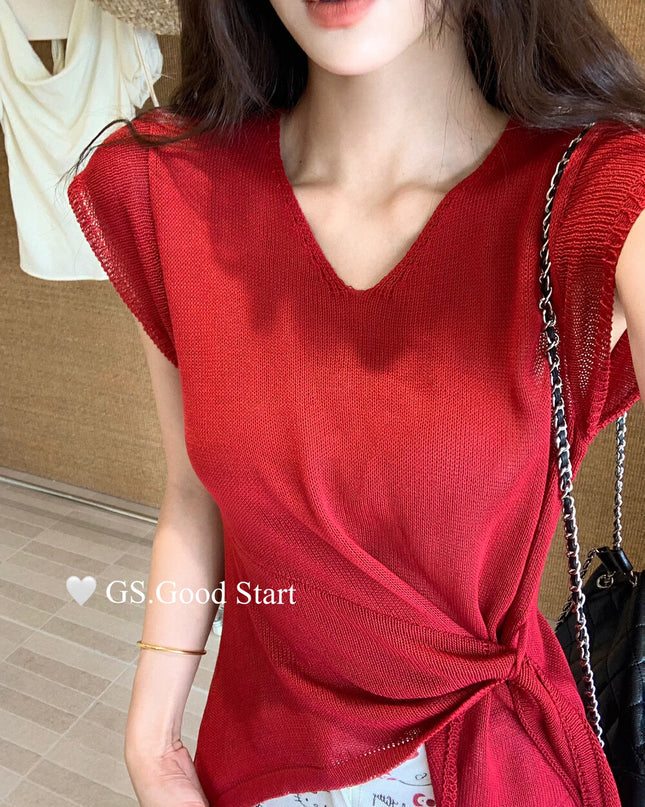 GS.GOOD START V Neck Slim Fit Knitted Short Sleeve Top