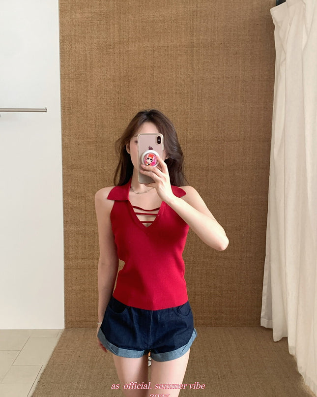 AS OFFICIAL Knit Collared Halter Tank Top