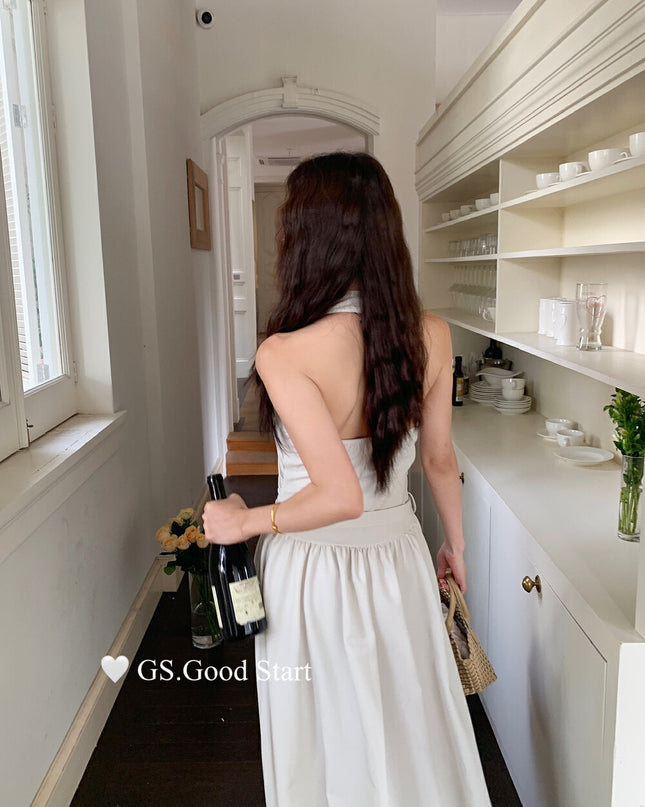 GS.GOOD START Halter Neck Sleeveless Dress with Waist Belt