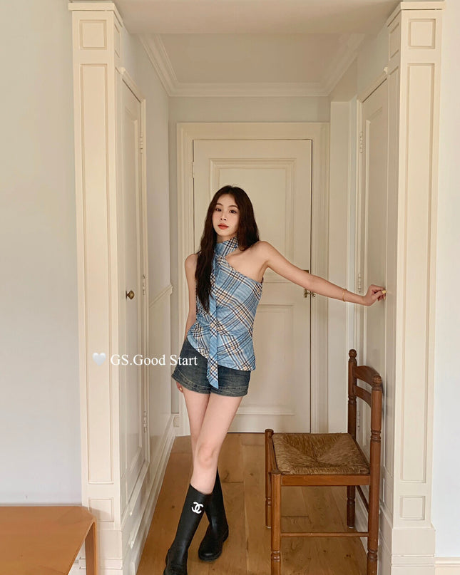 GS.GOOD START Off Shoulder Plaid Tank Top with Sweet Chic Vibes