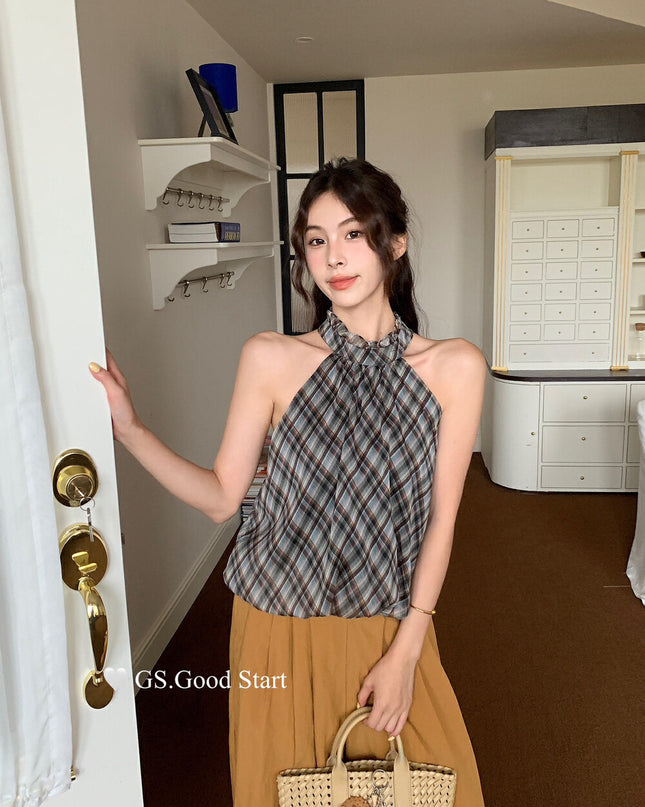 GS.GOOD START Korean Sweet Plaid Bubble Hem Tank Top