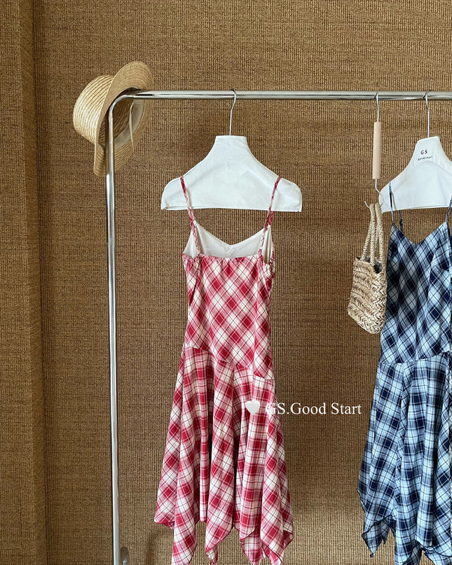 GS.GOOD START Asymmetric Plaid Cami Dress (No Belt)