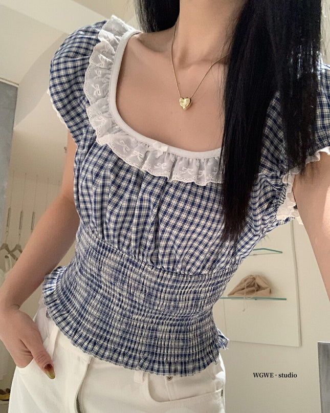 WGWE Lace-Trimmed French Style Checkered Top