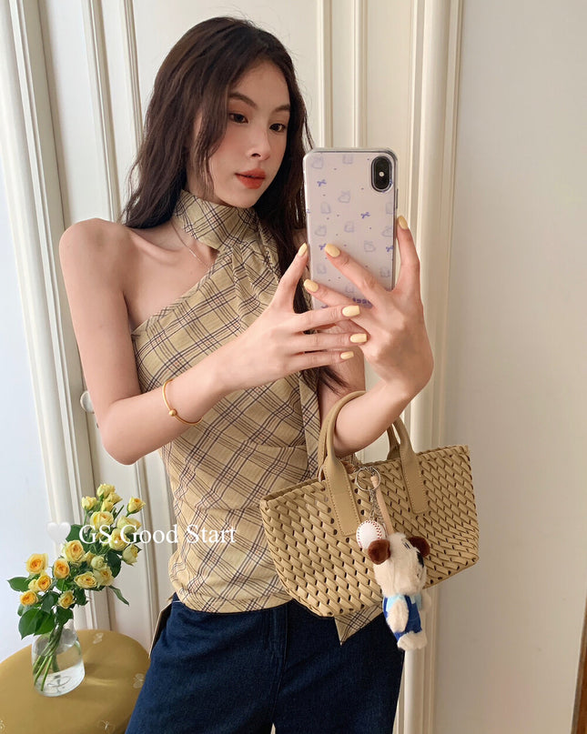 GS.GOOD START Off Shoulder Plaid Tank Top with Sweet Chic Vibes