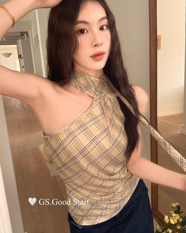 GS.GOOD START Off Shoulder Plaid Tank Top with Sweet Chic Vibes
