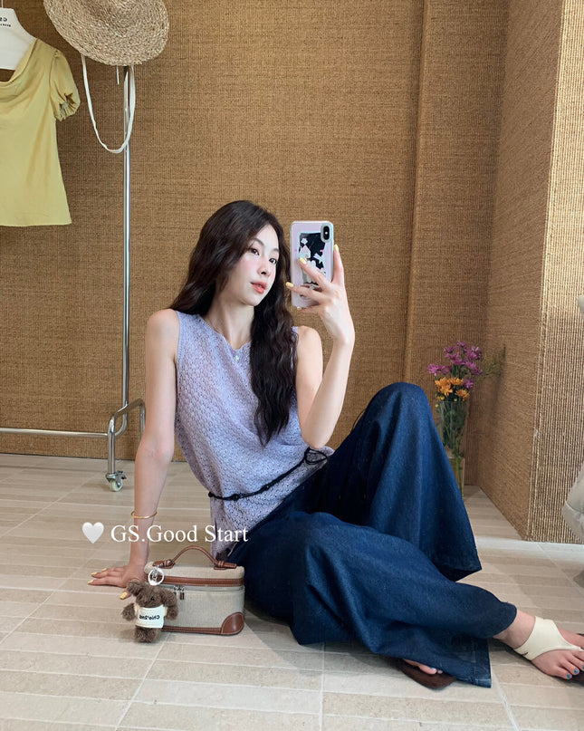 GS.GOOD START Relaxed Fit Hollow Mesh Vest with Detachable Waist Tie