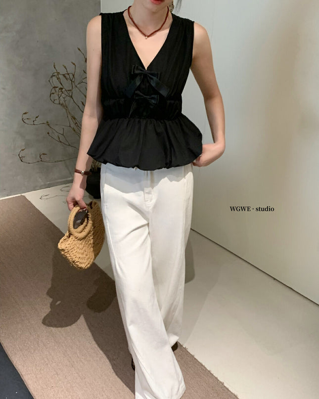 WG.WE French Cute Bow V-Neck Sleeveless Blouse