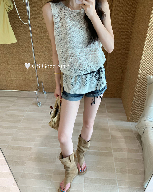 GS.GOOD START Relaxed Fit Hollow Mesh Vest with Detachable Waist Tie