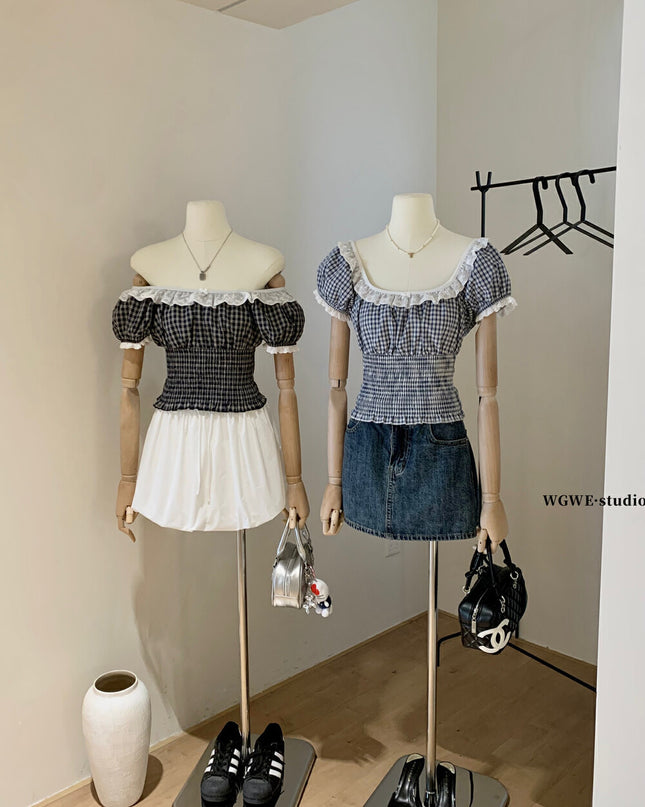 WGWE Lace-Trimmed French Style Checkered Top