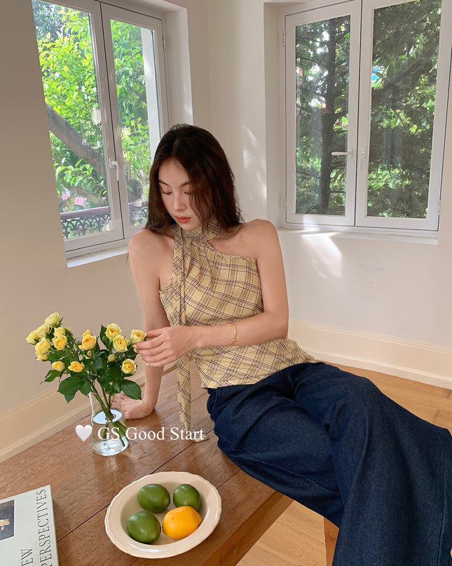 GS.GOOD START Off Shoulder Plaid Tank Top with Sweet Chic Vibes