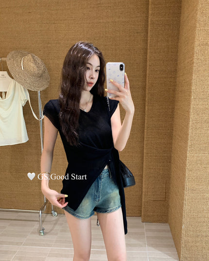 GS.GOOD START V Neck Slim Fit Knitted Short Sleeve Top