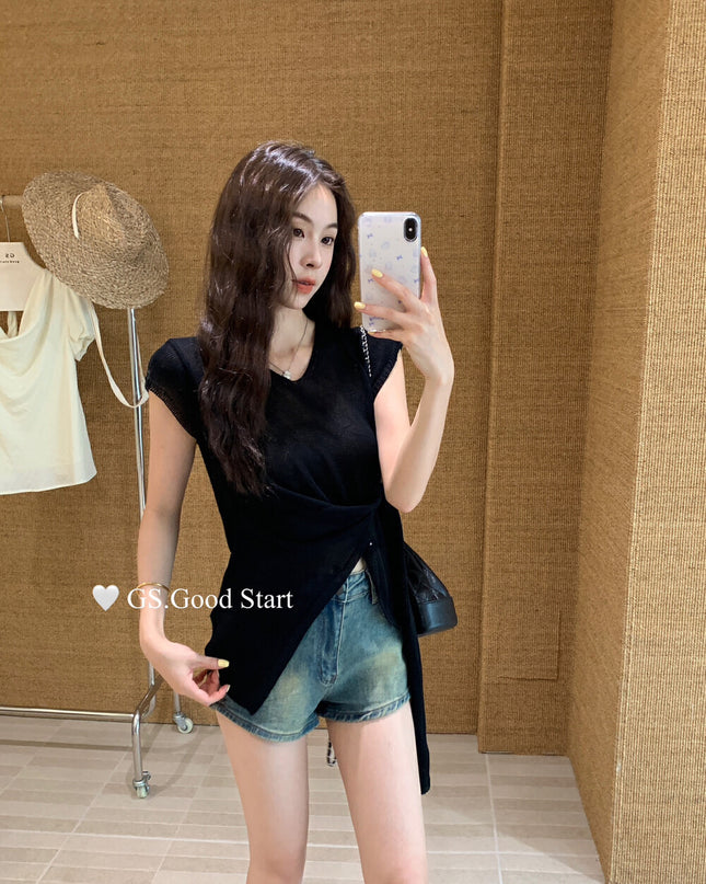 GS.GOOD START V Neck Slim Fit Knitted Short Sleeve Top