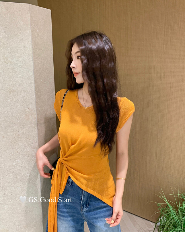 GS.GOOD START V Neck Slim Fit Knitted Short Sleeve Top