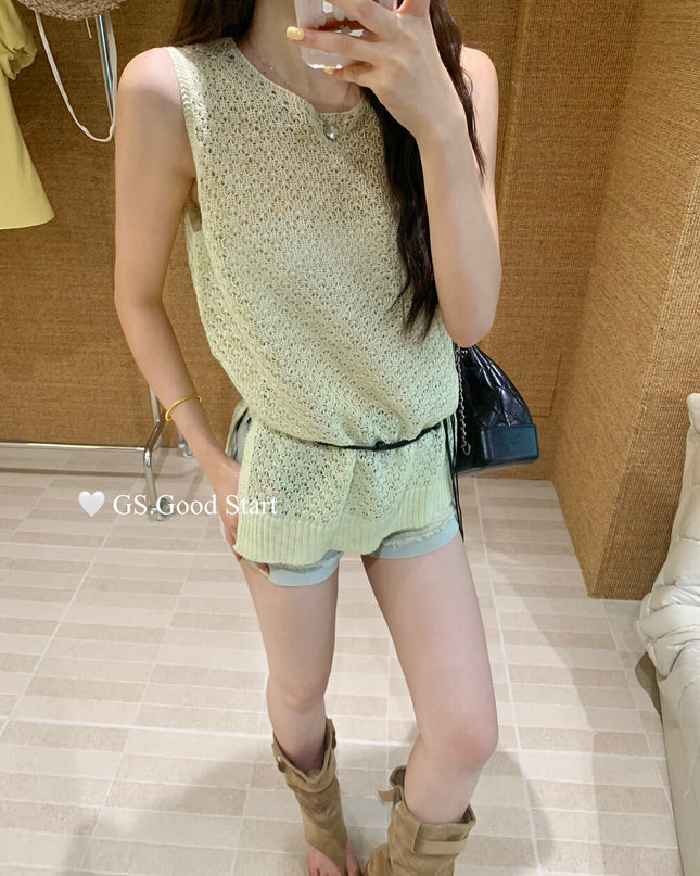 GS.GOOD START Relaxed Fit Hollow Mesh Vest with Detachable Waist Tie