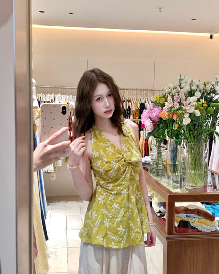 AS OFFICIAL Knot-Back Heavy Embroidered Floral Vest Top
