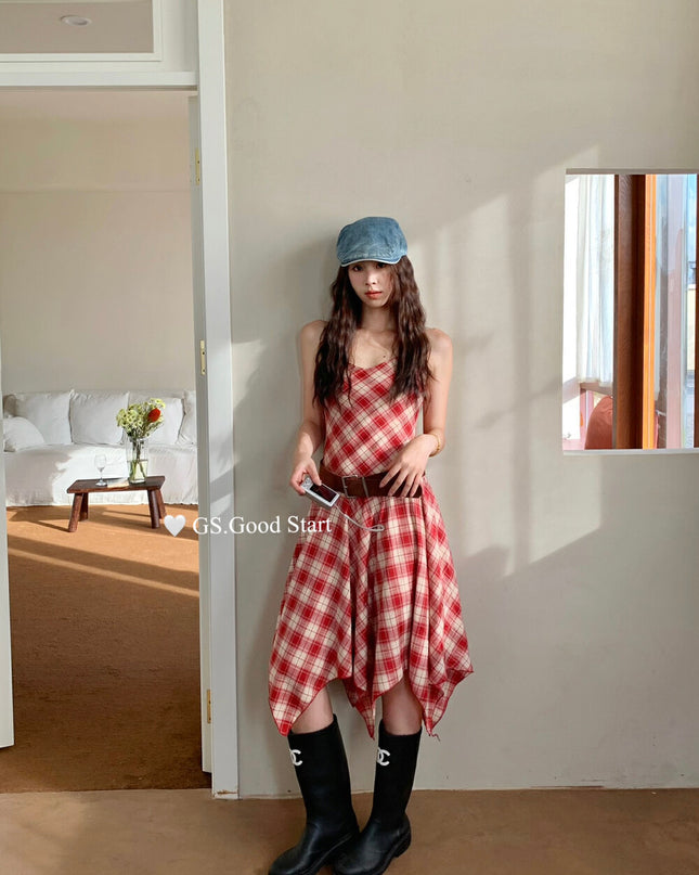 GS.GOOD START Asymmetric Plaid Cami Dress (No Belt)