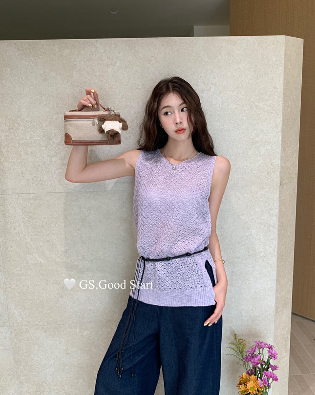 GS.GOOD START Relaxed Fit Hollow Mesh Vest with Detachable Waist Tie